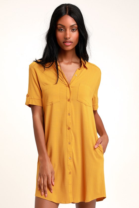 Cute Mustard Yellow Dress - Button-Up ...